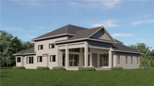 Digital rendering of a modern two-story house with mixed roof design, large windows, and stone accents.